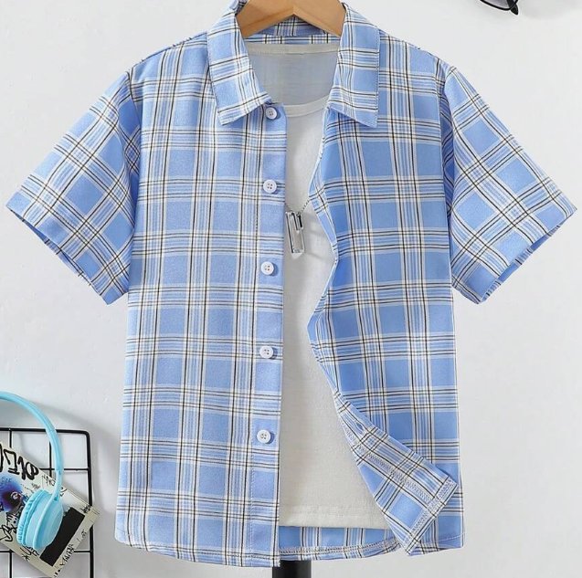 Blauw geruit poloshirt met korte mouwen
