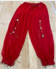 Wit, rood, donker roos en licht rros belletjes broek