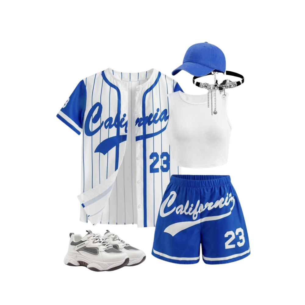 Wit/blauwe baseball set (witte top + short + hemdje)